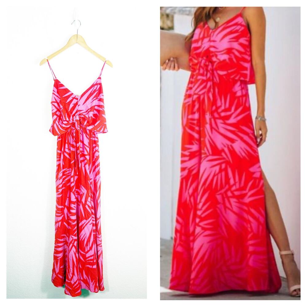 Vici Pink Red Tropical Print Maxi Dress Small Sleeveless Beach Vacation